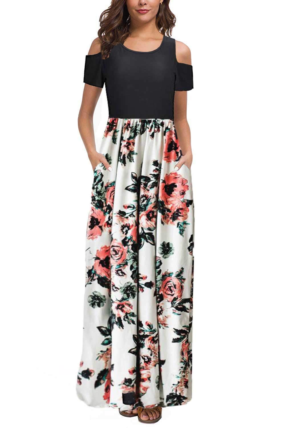 APC Kancystore Women's Short Sleeve Floral Maxi Dresses Cold Shoulder Dress with Pockets | $25.69