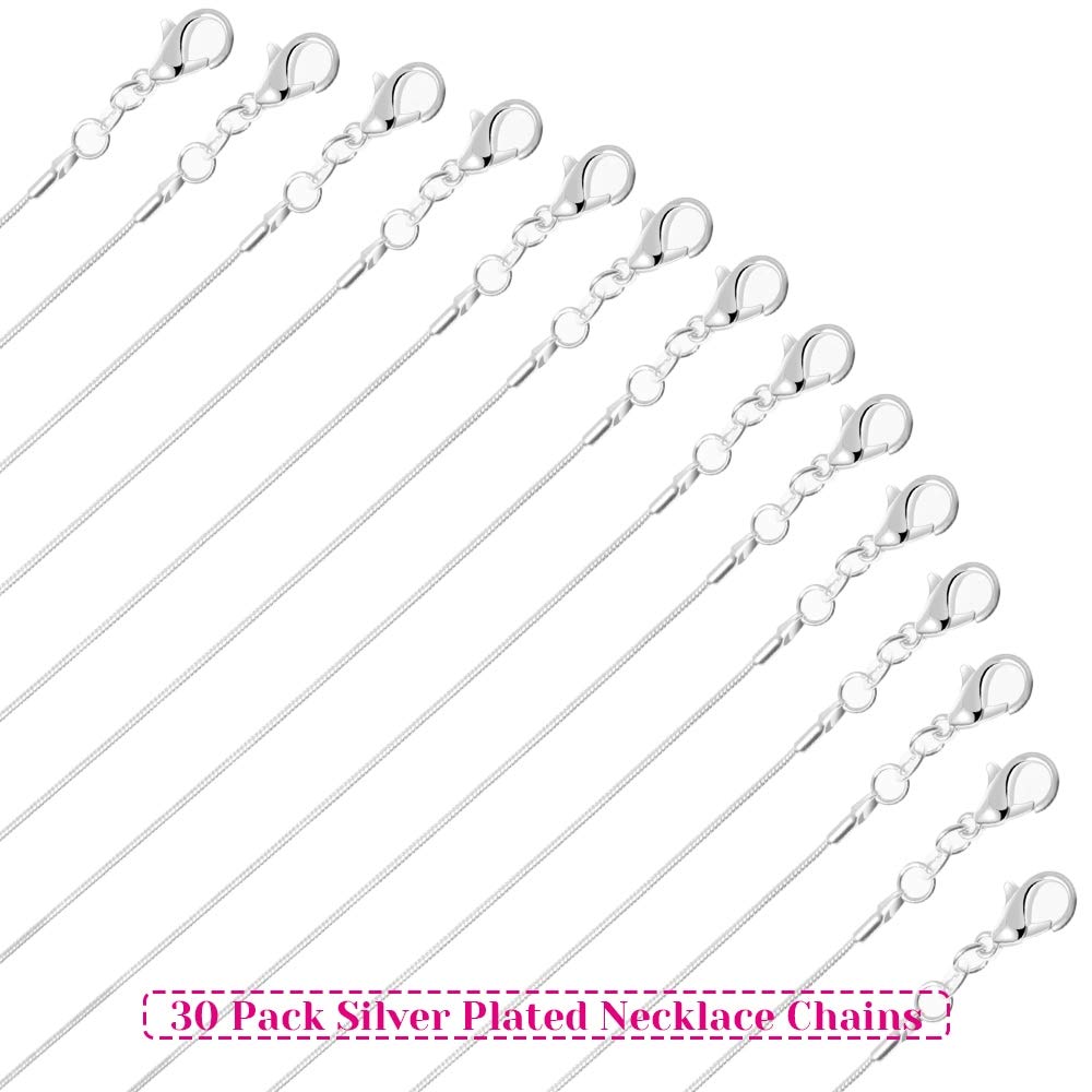 PAXCOO PAXCOO 30 Pack Necklace Chain Silver Plated Necklace Snake Chains Bulk for Jewelry Making, 1.2 mm (18 Inches)