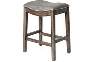 Maven Lane Adrien Backless Counter Stool – 26 Inches – Saddle Stool with Footrest – Brown Solid Wood Frame & Grey Fabric Upholstery – Perfect for Kitchen Islands & Counters
