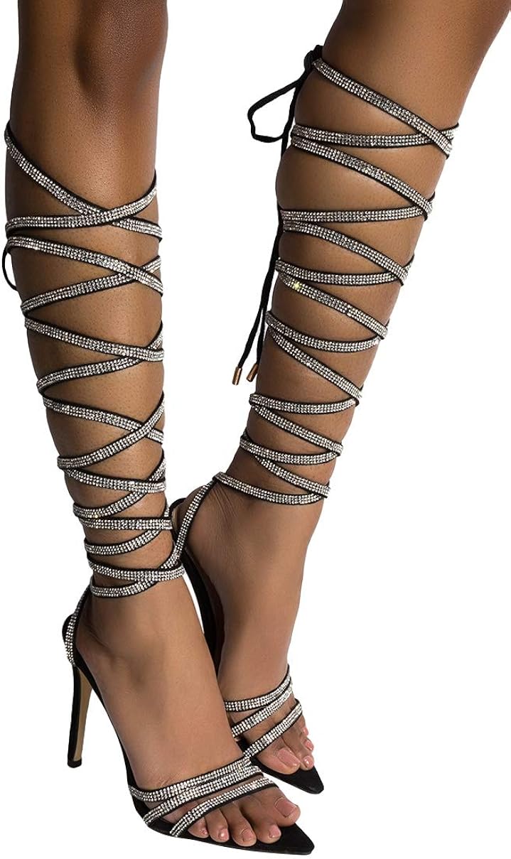 thigh high diamond wrap heels