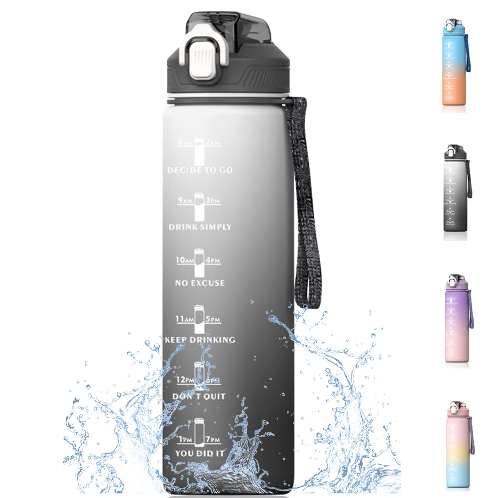 Bugucat Water Bottle 1L, Drinks Bottle with Straw and Time Markings, Jug Leak Proof,Sport Water Storage Container for Teenager Adult, Water Bottle for Gym School Cycling Fitness Outdoor