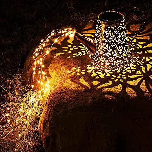 Solar Watering Can Lights with Light String 90 LEDs Lantern Iron Waterproof Perfect for Hanging Outdoor Pathway Garden Flower Decor with 32 inch Shepherd Hook (Warm White)