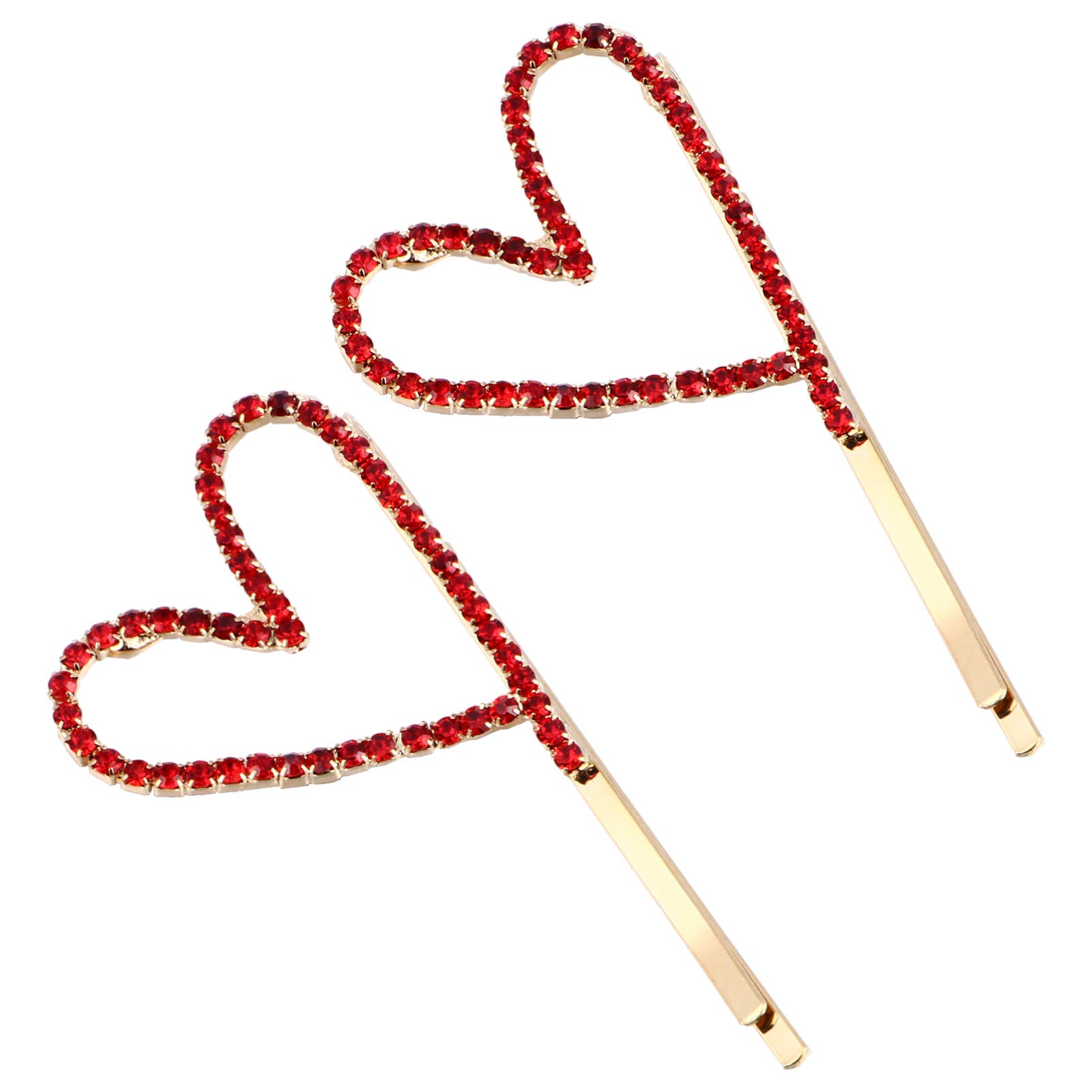 Minkissy Valentines Day Hair Clips, 2pcs Red Heart-shaped Bobby Pins Rhinestones Alloy Hair Pins for Women Girls