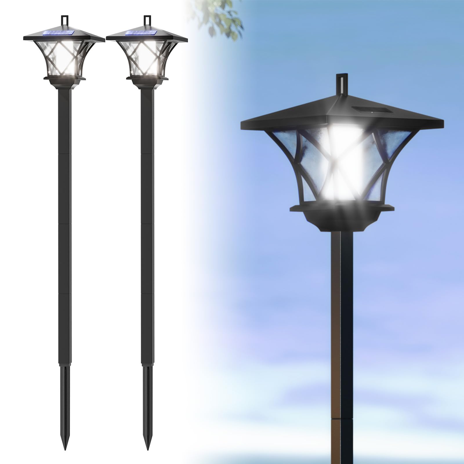 Timisea 150CM Solar Post Light 2-Pack - Outdoor Aluminum Classic Black Lamp Pole, Waterproof for Driveway, Patio, Garden, Lawn, Backyard and Pathway