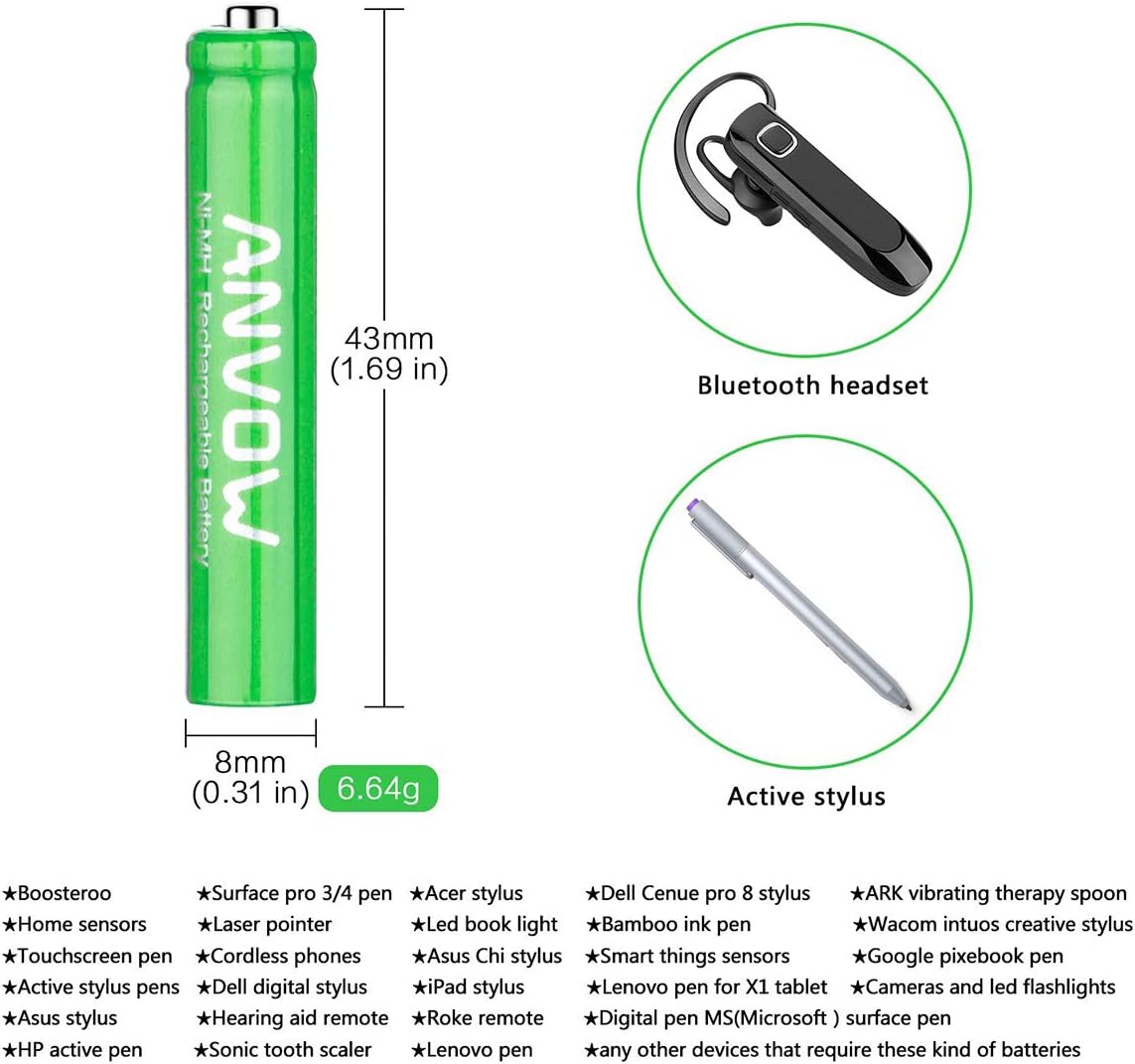 AAAA Batteries, ANVOW Rechargeable AAAA Batteries for Surface Pen, Rechargeable AAAA Battery for Active Stylus, Ni-MH 1.2V 400mAh with Storage Box, 2 Counts: Home Audio & Theater