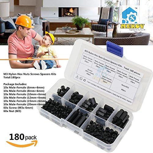 Mekov, 180 pieces M3 Nylon Male Female Hex Utility Spacer Standoff Screw Nut Assortment Kit, Prototyping Accessories For PCB, Quadcopter Drone, Computer &amp; Circuit Board (Black)