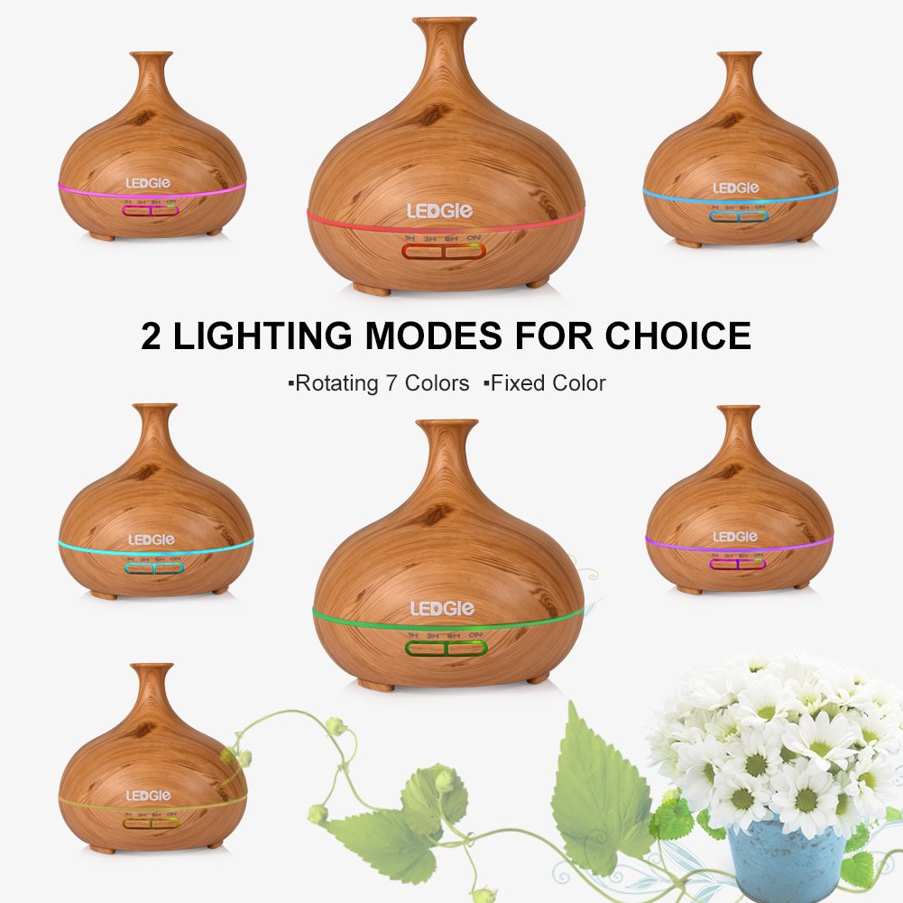 LEDGLE Essential Oil Diffuser 300 ml Ultrasonic Cool Mist Diffuser Air Humidifier with 7 Colour Changing LED Lights and 4 Timer Settings, Waterless Auto Shut-Off, Adjustable Mist Mode, Wood Grain