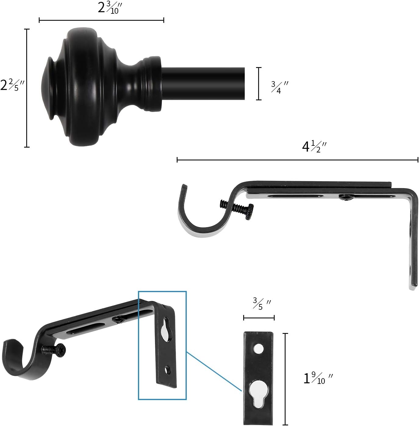 BOBOMOMO 2 Pack Adjustable Curtain Rod 3/4" Single Window Rod 28"-48" with Twisting Finials Black Drapery Rod of Window Treatment (Black, 28-48): Home & Kitchen