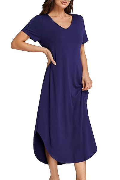 KIFOVEN WOMEN’S V NECK SHORT SLEEVE NIGHTDRESS SIDE SLIT IRREGULAR NIGHTGOWNS NAVY BLUE X-LARGE