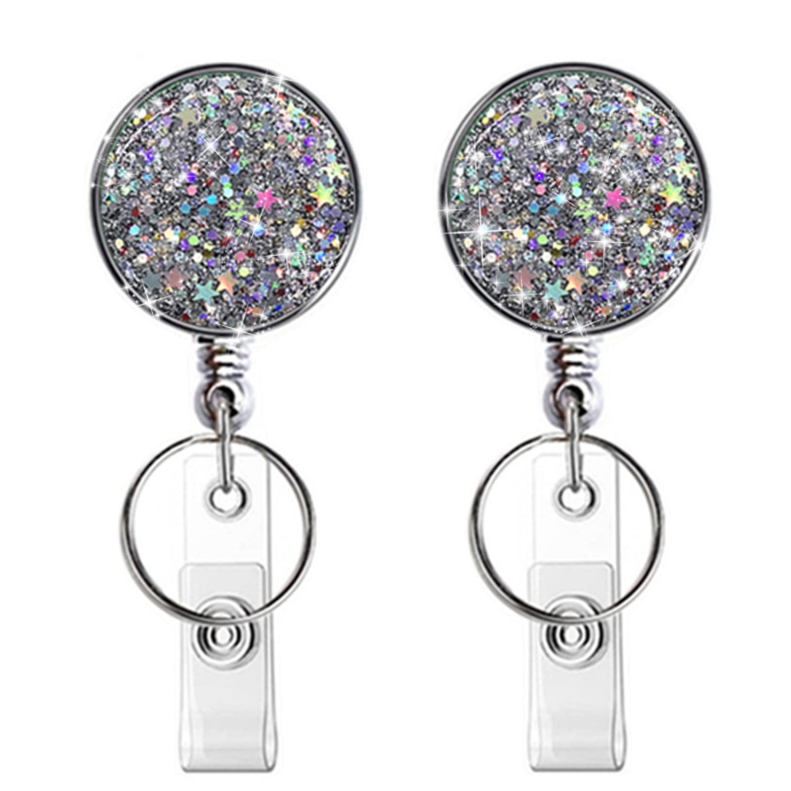Retractable Badge Holder, Lightweight Plastic Badge Reel Retractable Card Holder with Key Ring Backing Belt Clip for Nurse,Volunteer,Teacher,Student,Office (2pack Glitter Silver-UK) — image 1