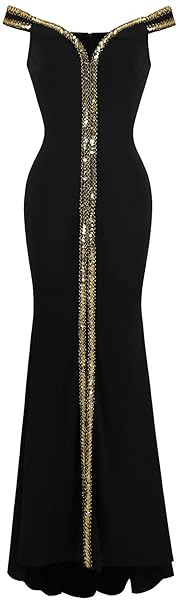 Angel-fashions Damen aus der Schulter V-Ausschnitt Bodenlänge Schwarz Formales Kleid