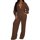 Casual 2 Piece Dressy Outfit for Women Long Sleeve Button Down Shirt Wide Leg Pants Loungewear Matching Sets