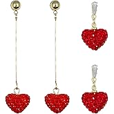 Heart Earrings for Women Valentine Day Rhinestone Red Love Heart Dangle Drop Earrings (A-2 Pairs)