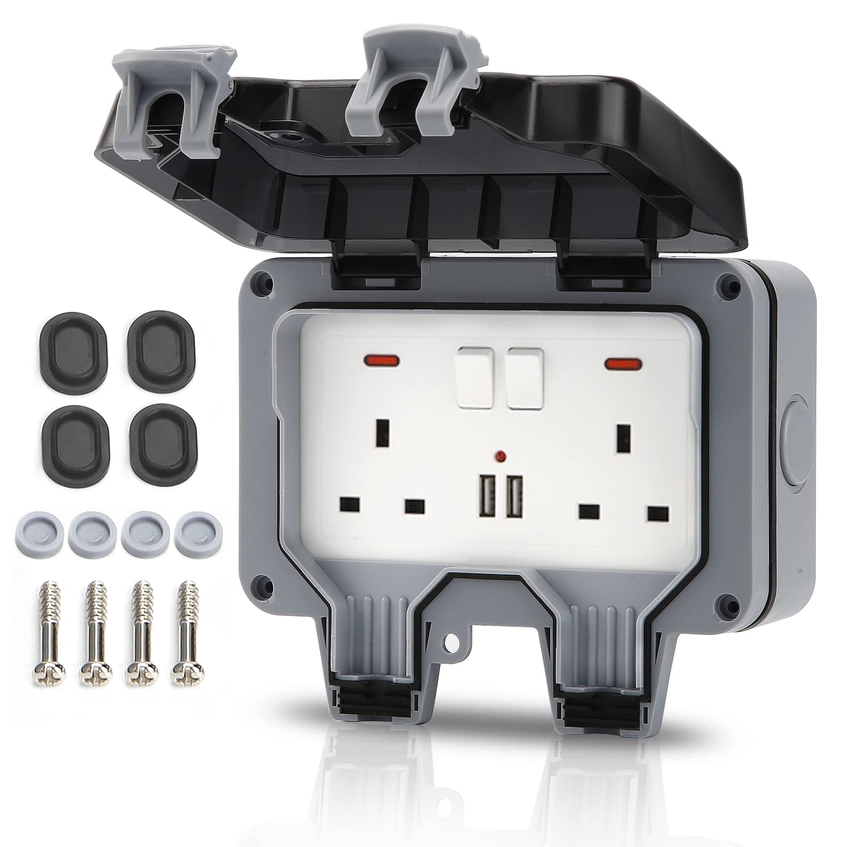 GothicBride Outdoor Socket IP66 Weatherproof Wall Electrical Outlets 2 Gang Switched with USB Charging Port with Installation Tool