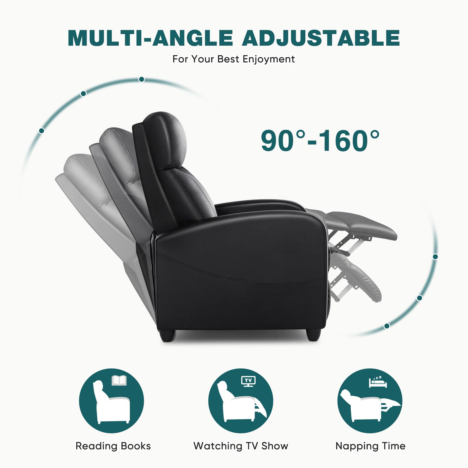 Silla reclinable para sala de estar, sillones reclinables de cuero, asientos de cine en casa con soporte lumbar con respaldo y reposapiés ajustables, muebles modernos de sala de estar con respaldo acolchado, negro