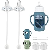 Sippy Cup Conversion Kit with Silicone Sleeves for Dr Browns Narrow and Narrow Glass Baby Bottle 4oz, Weighted Straw Replacement Kit with Soft Straw Top and Handle,2-Pack，6m+
