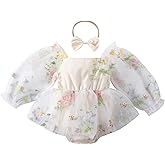 ODASDO Newborn Baby Girl Romper Dress Flower Embroidery Tutu Princess Long Sleeve One-Piece Bodysuit Cake Smash Outfit