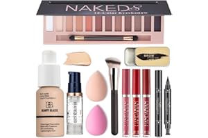 All in One Makeup Kit For Girls 12 Colors Naked Eyeshadow Palette, Nude Foundation Face Primer, Makeup Brush, Makeup Sponge, Eyebrow Soap Kit Brows Gel, Winged Eyeliner Stamp Makeup Set (SetA)