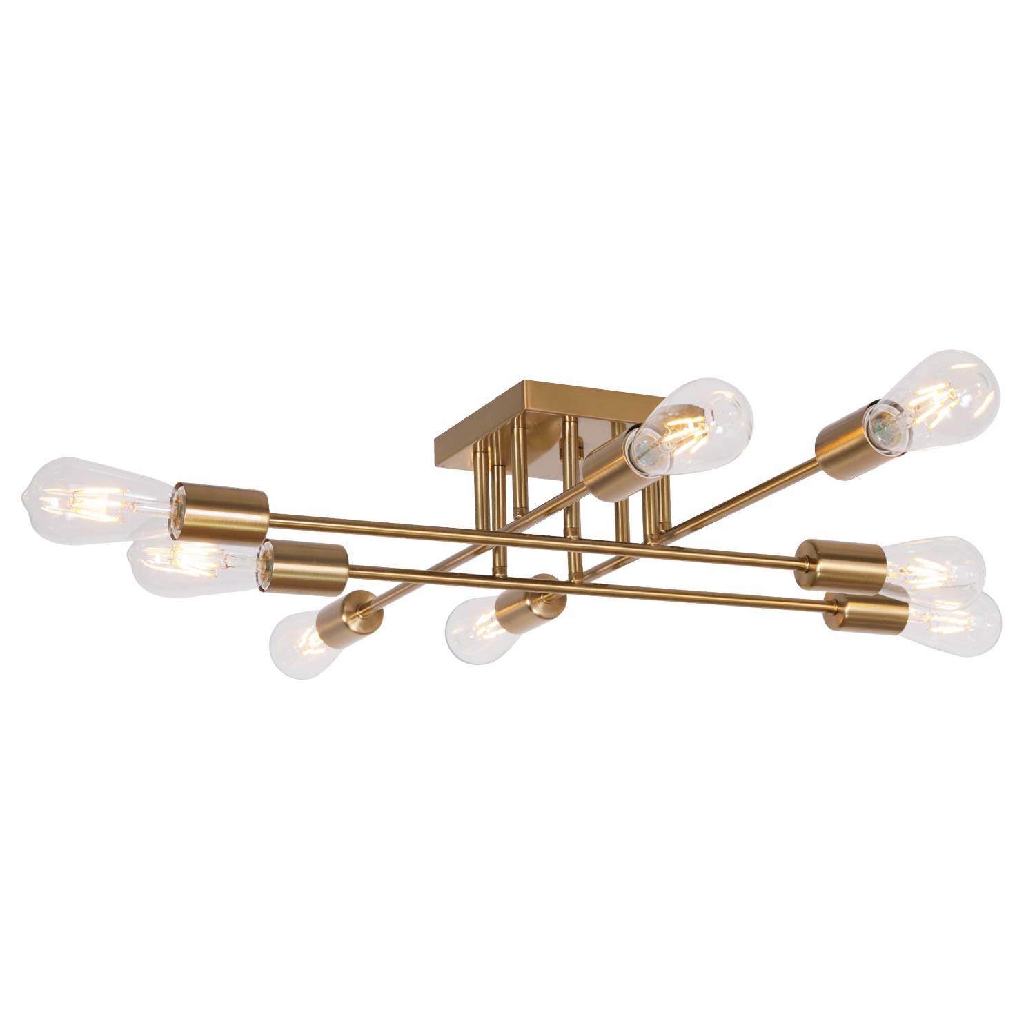 VINLUZ Modern Semi Flush Mount Light 8 Light Brushed Brass Industrial Sputnik Ceiling Light Mid Century Lighting Fixture for Dining Room Living Room Kitchen Bedroom Foyers