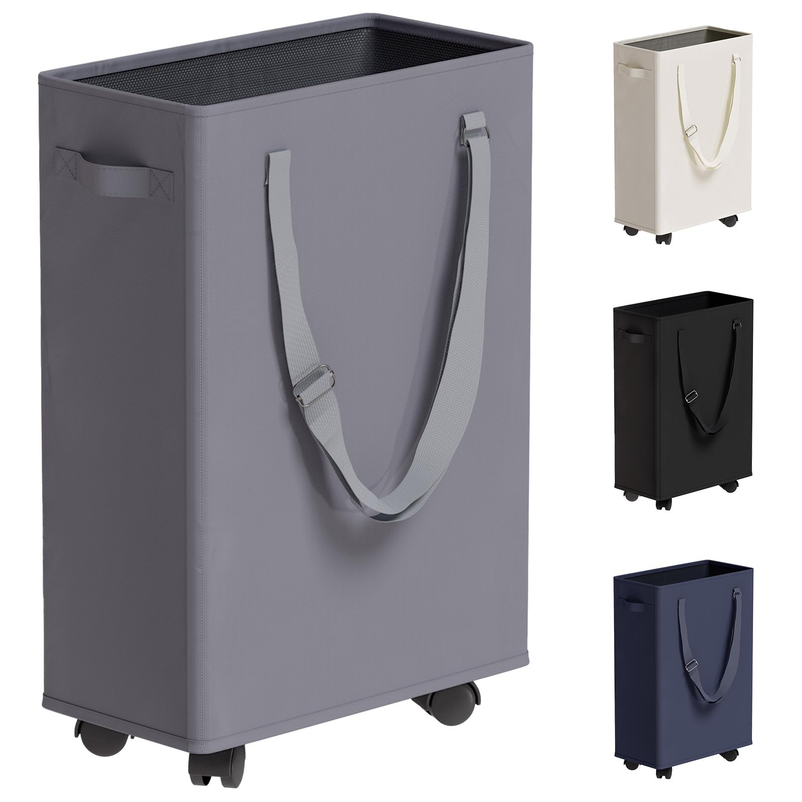 Photo 1 of Slim Rolling Laundry Basket, Slim Laundry Hamper with Wheels and Adjustable Long Handles, 45L Small Laundry Baskets with Mesh Top, Narrow Dirty Clothes Hamper for Bedroom, Closet, and Bathroom - Grey