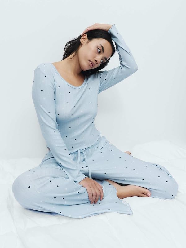 Pigiama in Punto Pointelle Stampato da Donna Blu S