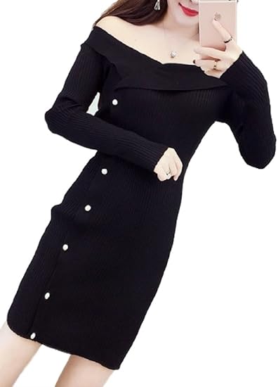Amazon Co Jp ココアンドユカ レディース ニット タイト セクシー ワンピース オフショルダー 長袖 ミニ ロング ワンピ ビジュー 肩出し ボディコン ブラック 服 ファッション小物