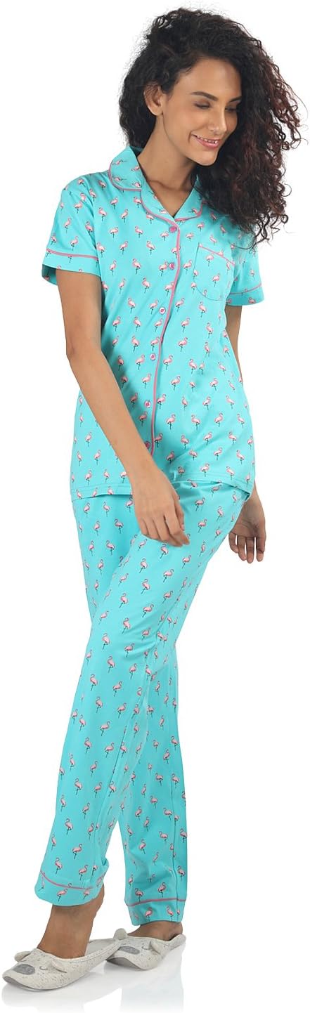 NITE FLITE Women Flamingo Print Cotton Nightwear | Top and Pyjama Set