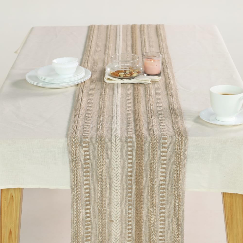 THE ART BOX Boho Cotton Fabric Table Runner Ivory - 14x108 inch Morden Farmhouse Braided Stripe Kitchen Dining Table Runner Tassel for Wedding Home Decor