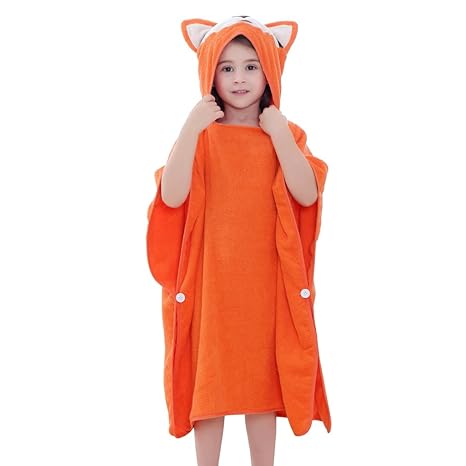 MICHLEY Baby Kapuzenbadetuch Kinder BadePoncho Mädchen Bademantel 70x70cm Baumwolle Tier Badetücher fit für 2-6 Jahre(Fuchs)