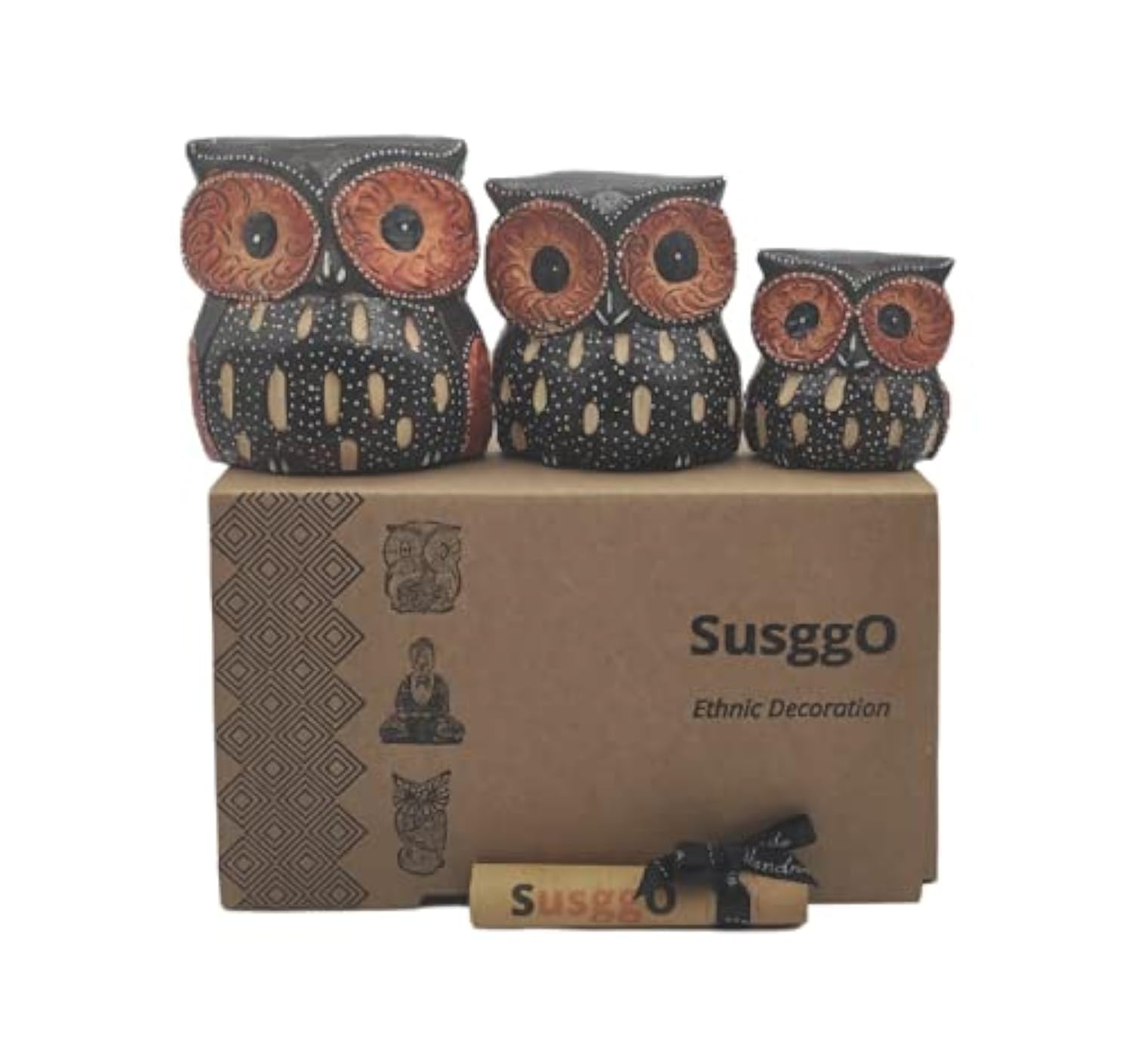 SusggO Set of 3 Wooden Owls, Decoration, Hand-Carved, Lucky Owl, Craft Idea, Furniture Ornament (Chocolate Brown, NAR, Model 1)