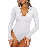 REORIA Women's Lace V Neck Long Sleeve Bodysuits Trendy Going Out Body Suit Tops Fall Outfits 2025