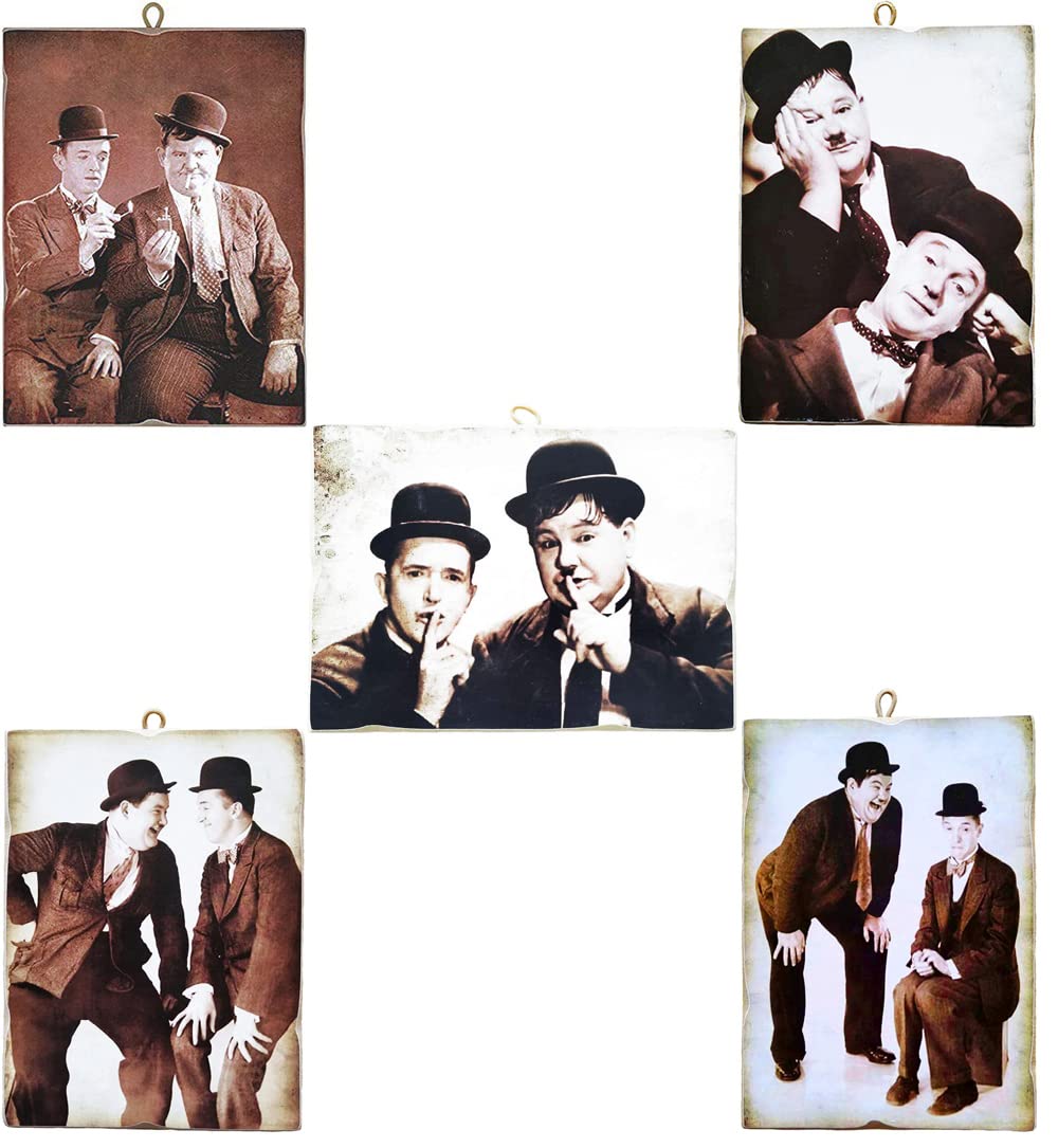 KUSTOM ART Composition of 5 Paintings Vintage Style Famous Actors Stanlio and Ollio (Stan Lauren & Oliver Hardy)