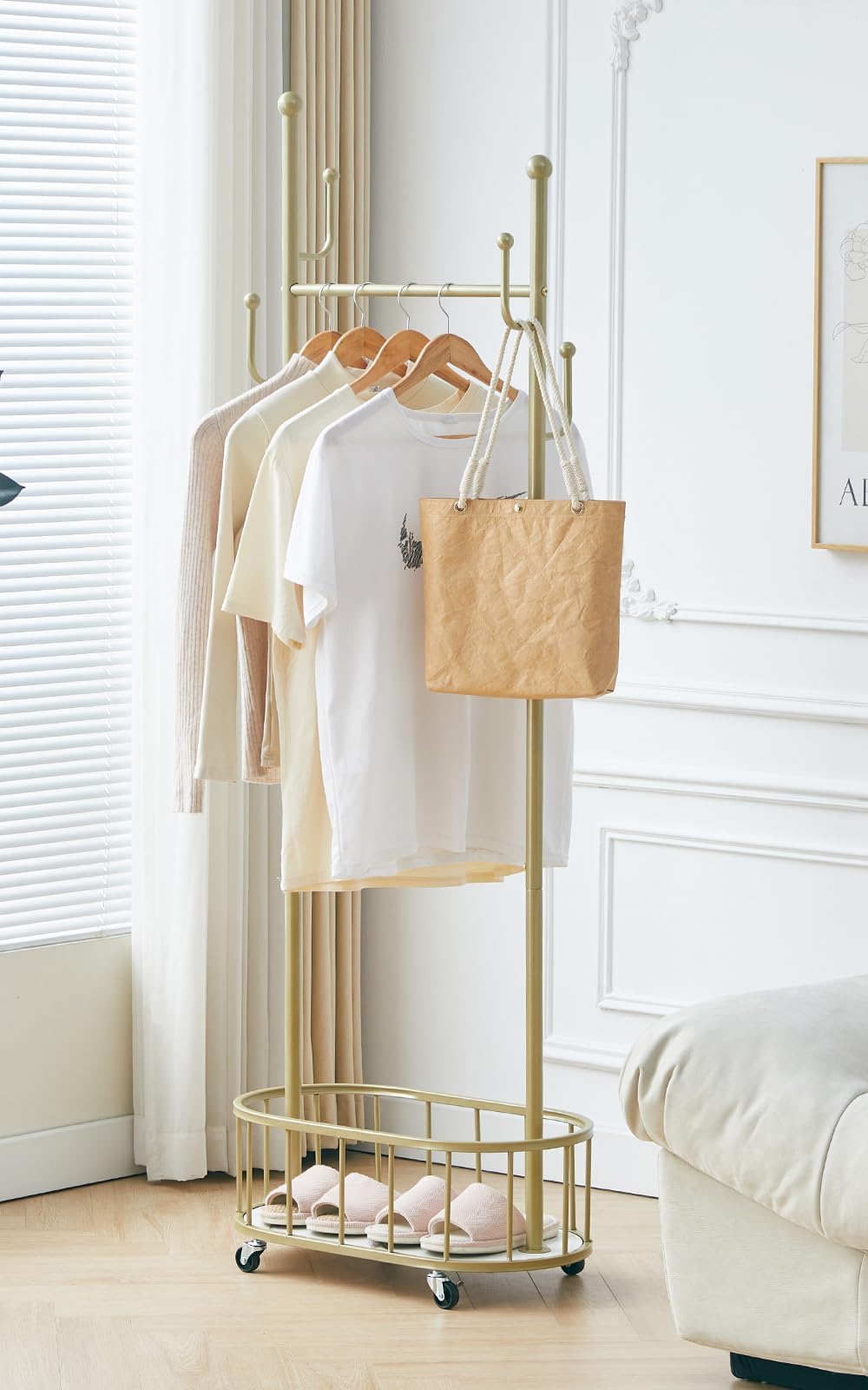 Photo 1 of ***It is used, it is missing a piece and it is not known if it works at 100%.**BOOSDEN Metal Clothing Rack with Wheels, Rolling Clothes Racks for Hanging Clothes, Sturdy Standing Garment Rack with Storage Shelf and 4 Hooks, Clothes Hanger Racks for Bedroo