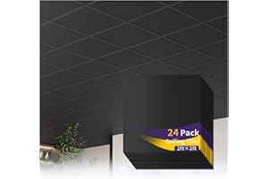 LooYee 24 PCS 24 x 24 Inch Black Drop Ceiling Tiles, 2 x 2FT PVC Smooth Ceiling Panels - Waterproof, Fire-Rated to Prevent Br