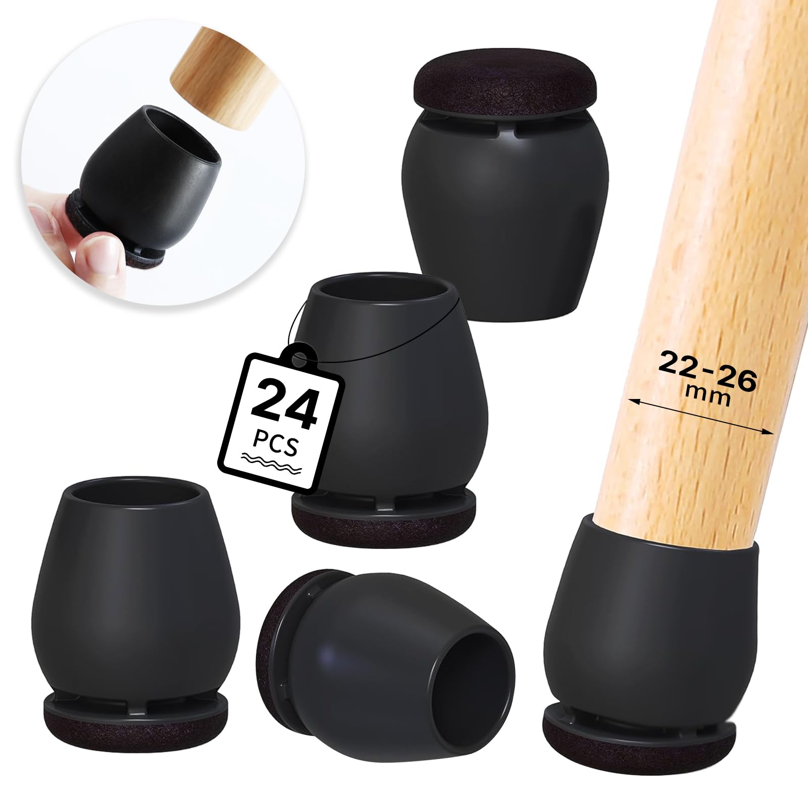 RCHYFEED Chair Leg Floor Protectors, 24Pcs Black Silicone Chair Leg Floor Protectors, 0.75-1.25 inch Chair Leg Caps, Furniture Cup with Felt Pads, No Scratches and No Noise（1"Round）