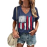 4th of July Patriotic V Neck Shirt for Women Funny American Flag Graphic Tee Summer Short Sleeve T-Shirt Blouse