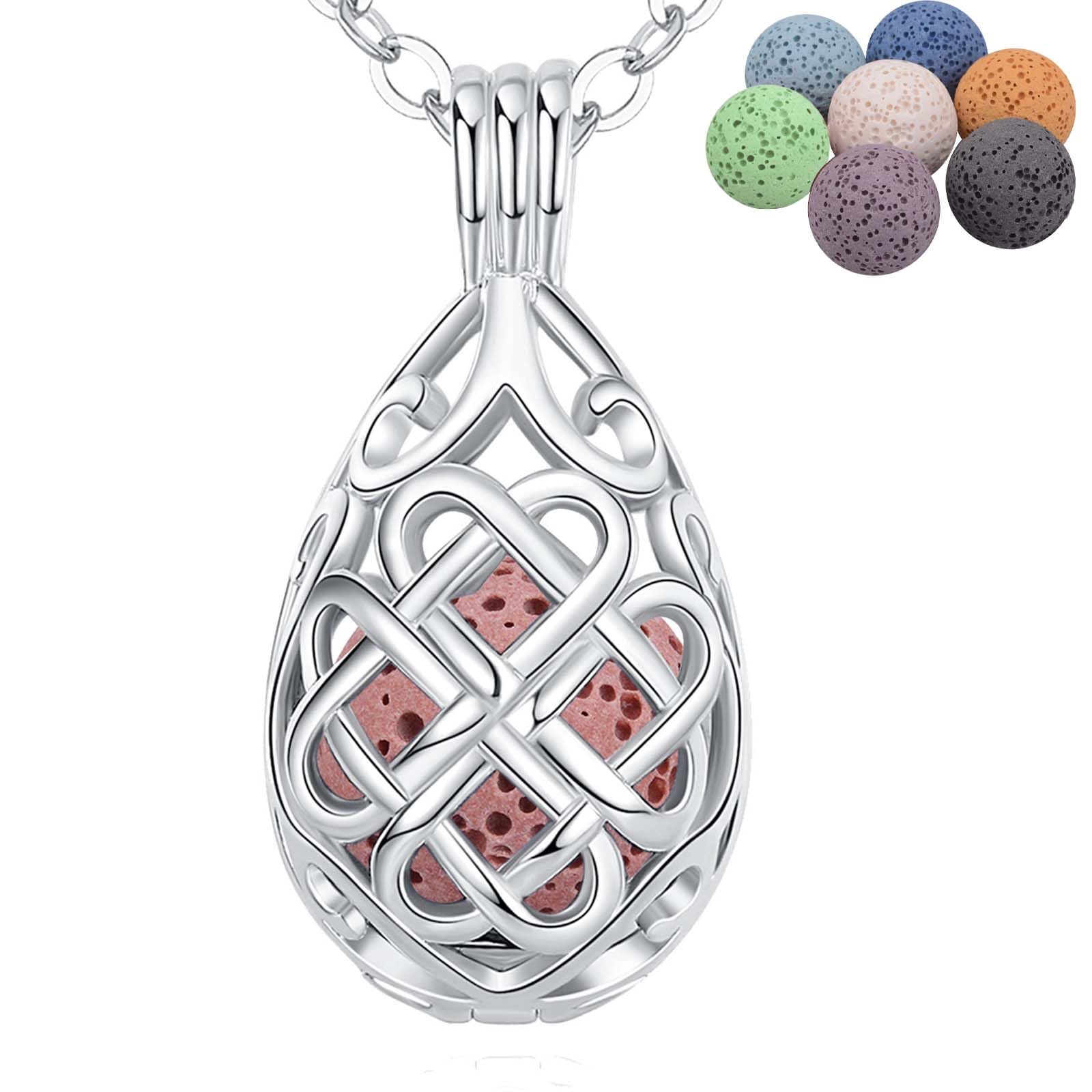 INFUSEU Aromatherapy Jewellery Essential Necklaces, Anxiety Relief Oils Diffuser for Women Girls, Silver Plated Oval celtic pattern Pendant with 24" Chain & 7 Reusable Lava Beads
