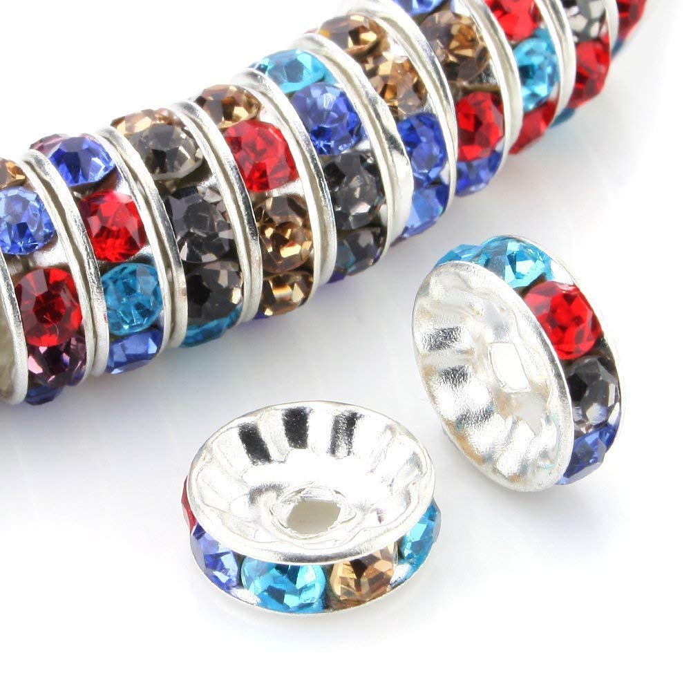 RUBYCA 100pcs 10mm A+++ Round Rondelle Spacer Charm Beads Silver Tone Multi-Color Czech Crystal
