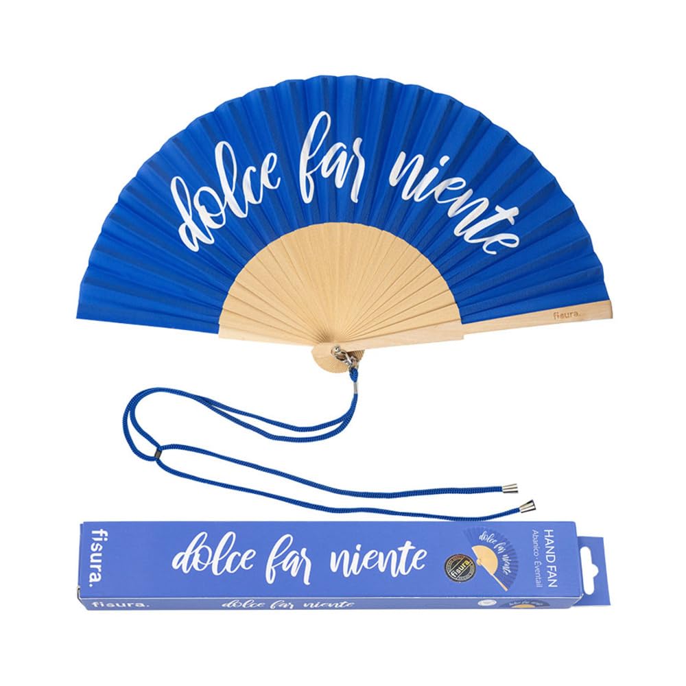 Fisura - Original handheld folding fan with the message in message in Italian and German wooden fan. Original holding Hand Fans. Fan with hanger included (Far niente, blue)
