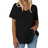 Tankaneo Womens Oversized Tshirts Knit V Neck Short Sleeve Tunic Tops Summer Casual Loose Fit Tee Shirts