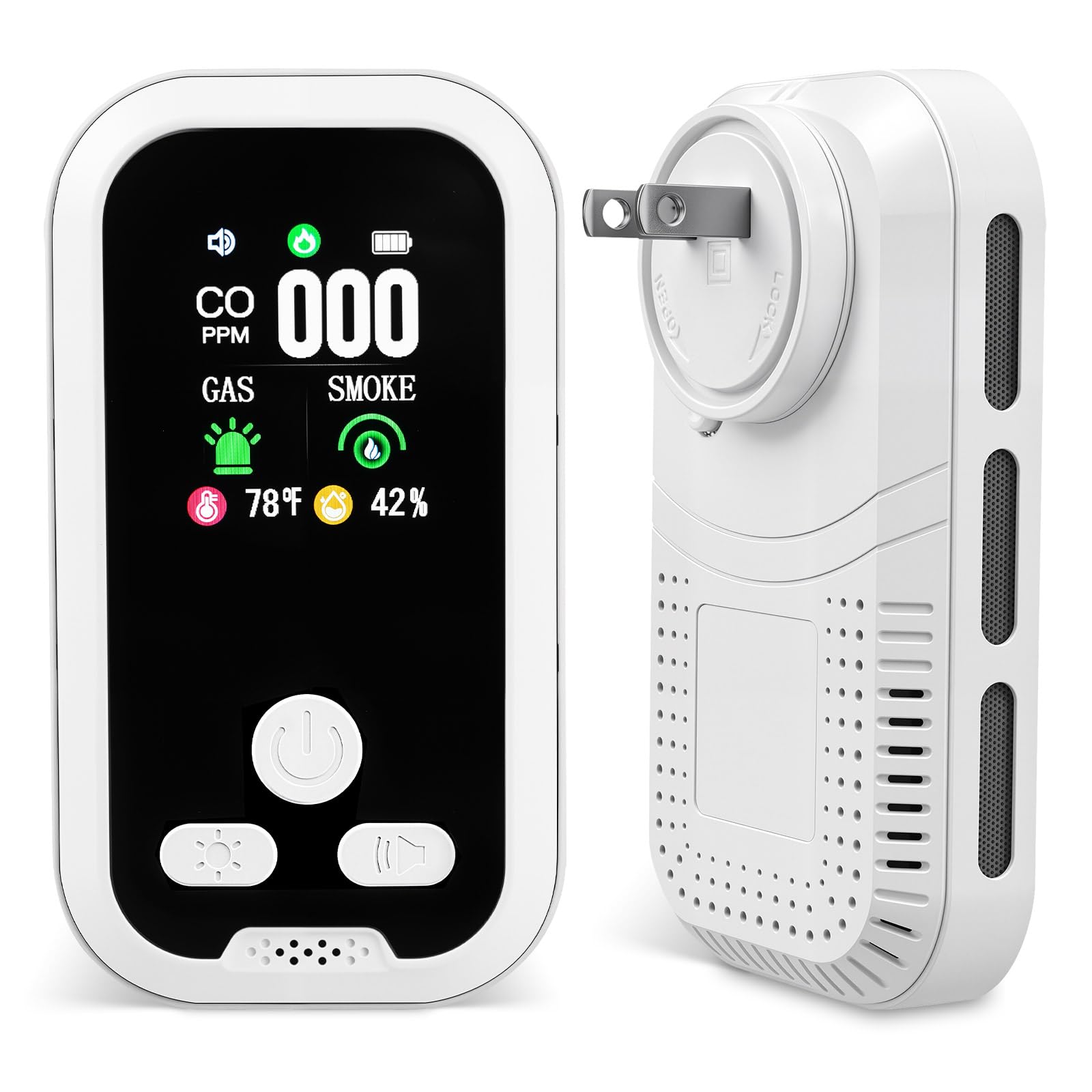 Photo 1 of 5-in-1 Plug in Gas & Smoke & Carbon Monoxide Detector, Combination CO Alarm with Temperature(°F) & Humidity Built-in Backup Battery HD Screen for Home, RV, Apartment (1 Pack)