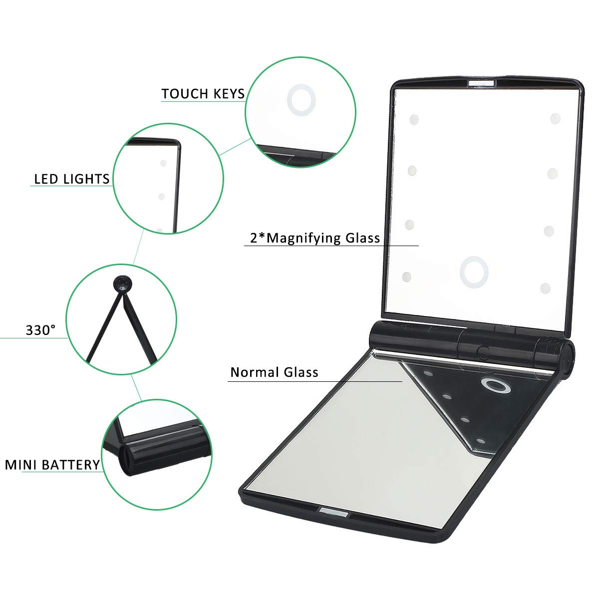 Mirror with Lights Makeup Mirror with 8 LED Adjustable Makeup Mirrors with Lights, Including Button Battery, Touch Screen Switch, Portable, Folding,Magnification Compact Mirror, Traveling(Black): Kitchen & Dining