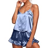CHYRII Women's Sexy Silk Satin Ruffled Pajamas Sets Cami Shorts Sets Sleepwear