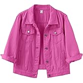 Locachy Womens 3/4 Sleeve Short Denim Jacket Lapel Button Down Cropped Trucker Jean Jackets Coats