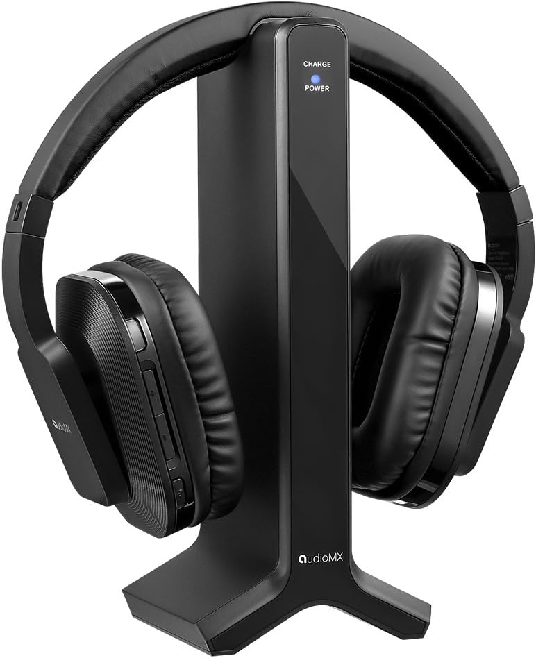 AudioMX Wireless Headphone Over-Ear for TV with 2.4 GHz Digital Transmitter Charging Dock, 6.3 mm and 3.5 mm Audio Connector, RCA, Wired Optional