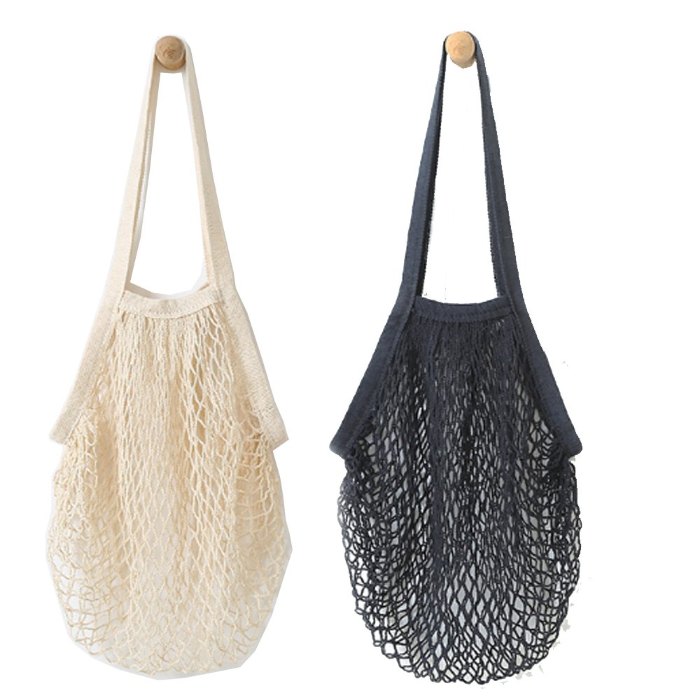 Metyou 2Pcs Portable Reusable Mesh Cotton Net String Bag Organizer Shopping Tote Handbag Fruit Storage Shopper NEW (black,beige)