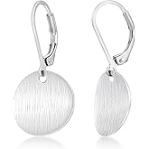 14K White Gold Dangle Earrings for Women，Lightweight Circle Disc Coin Geometric Flat Brushed Drop Earrings, Hypoallergenic Leverback Earrings silver earrings