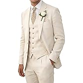 Wehilion Retro Linen Men Suits Beach Wedding Suit Summer Slim Fit 3 Pieces Light Weight Breathable Jacket Vest Pant Tuxedo