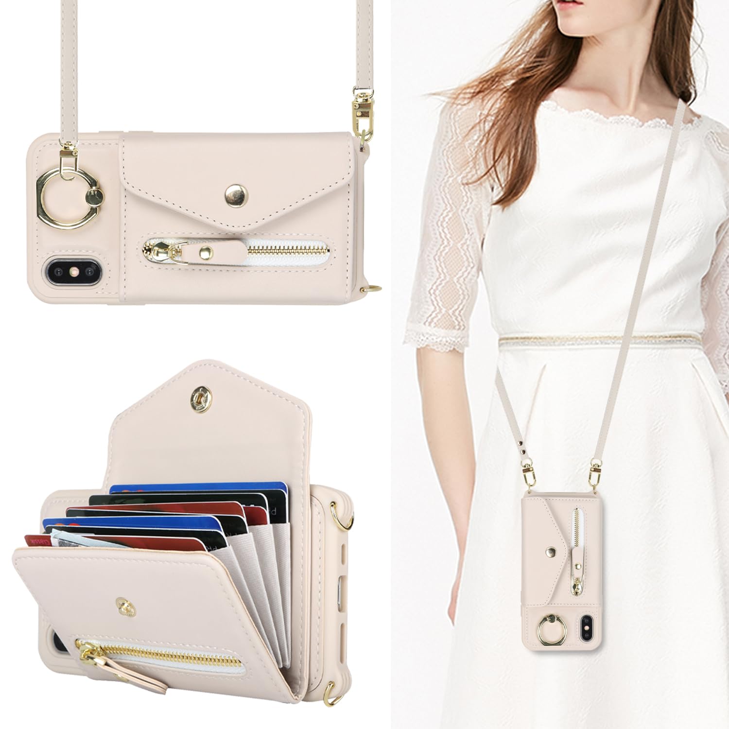 SailorTech iPhone X/XS Case with Zipper Credit Card Holder for Women - Leather Case Ring Stand with Card Slots Kickstand Wallet Crossbody - Beige