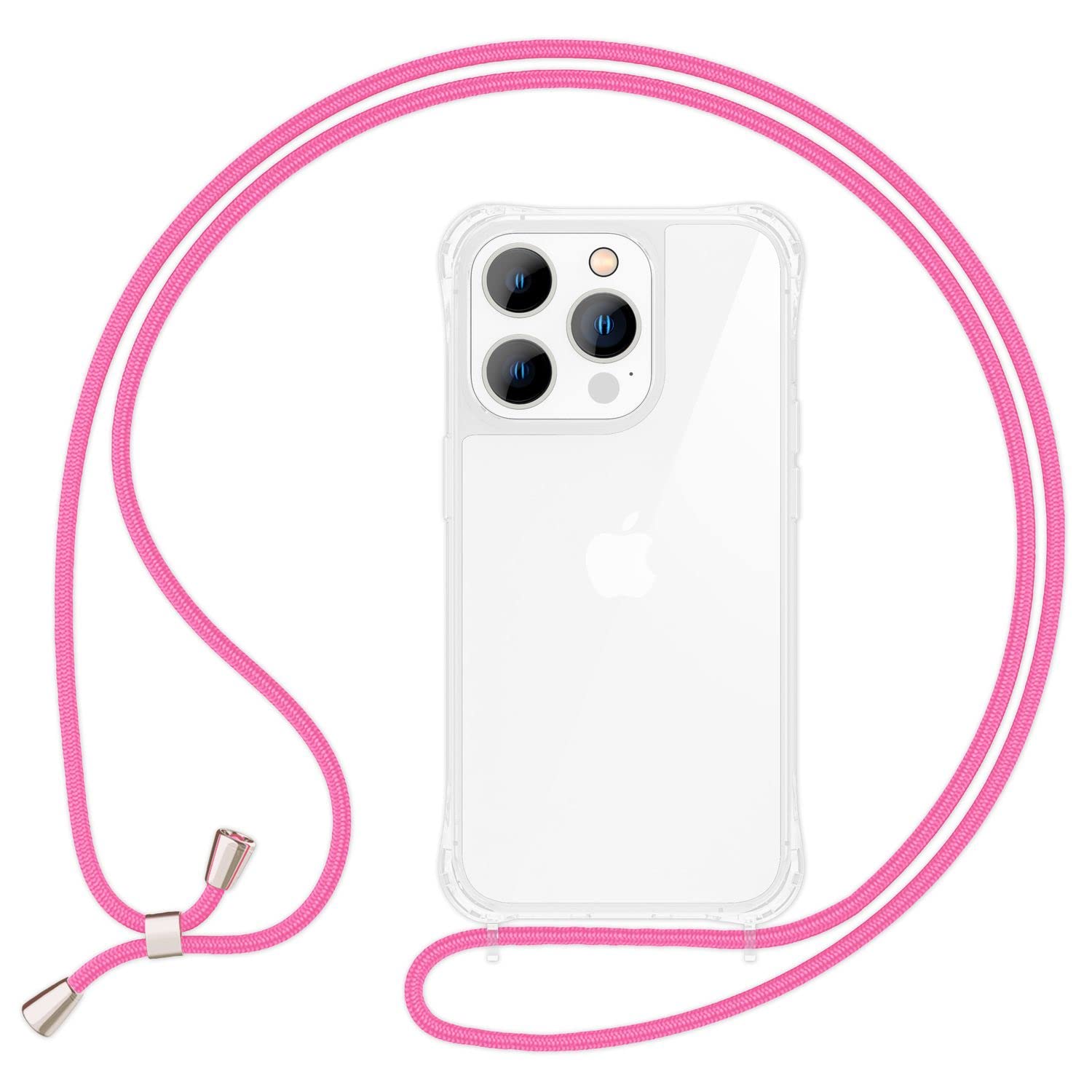 NALIA Necklace Case for iPhone 14 Pro Max - Transparent Hybrid Cover & Strap - HANGIT PRO (Anti-Yellow Back & Adjustable) - German Brand, Color:Pink